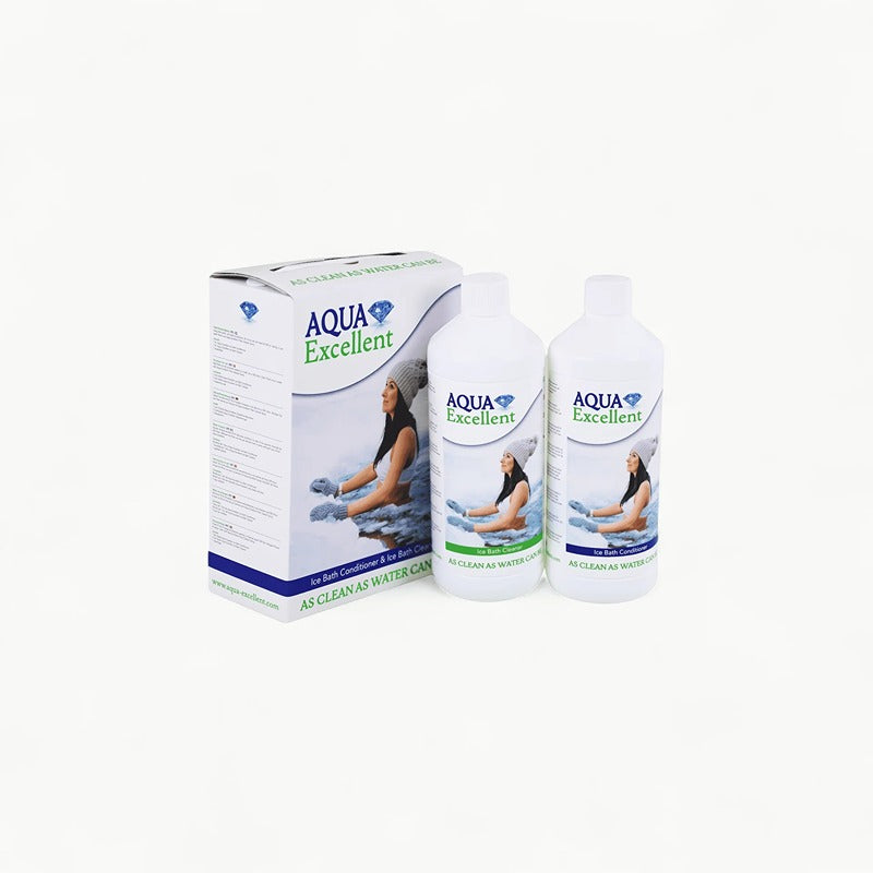 AquaExcellent Set bestehend aus zwei Flaschen und Verpackung – Premiumlösung zur Reinigung und Pflege von Eisbädern.